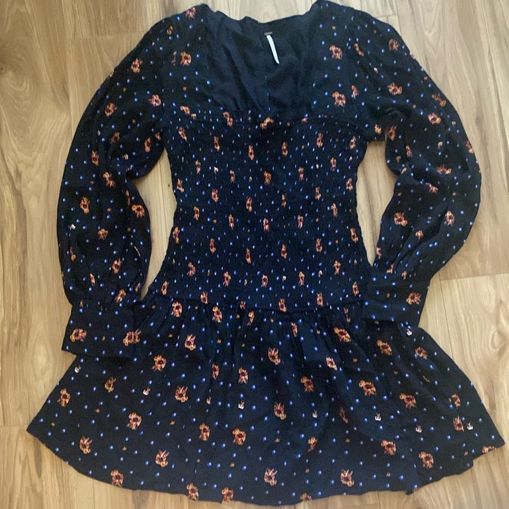 Free People Women’s Two Faces Floral Smocked Puff Sleeve Mini Dress Size M